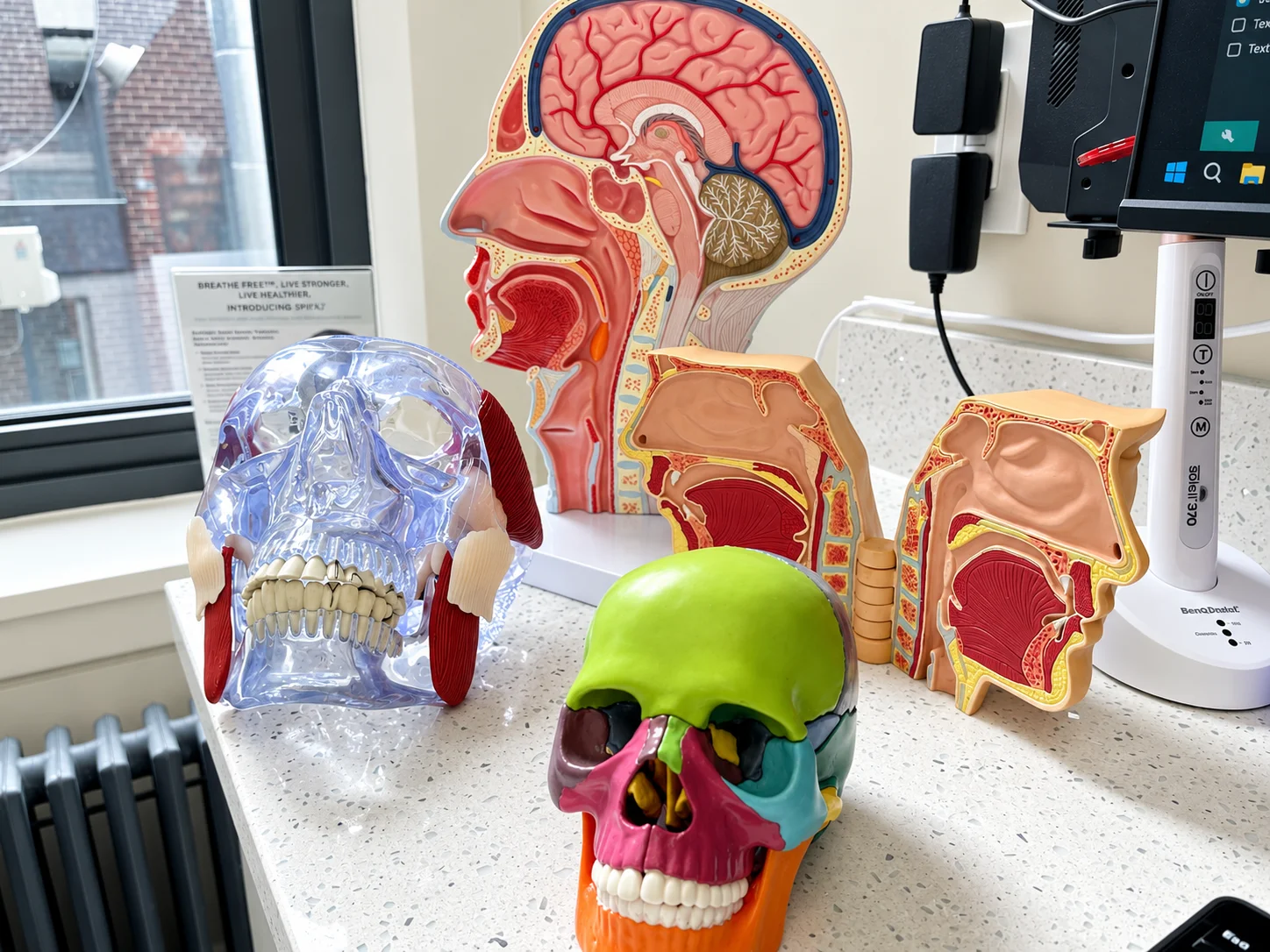Anatomical skull and airway models used to explain treatment